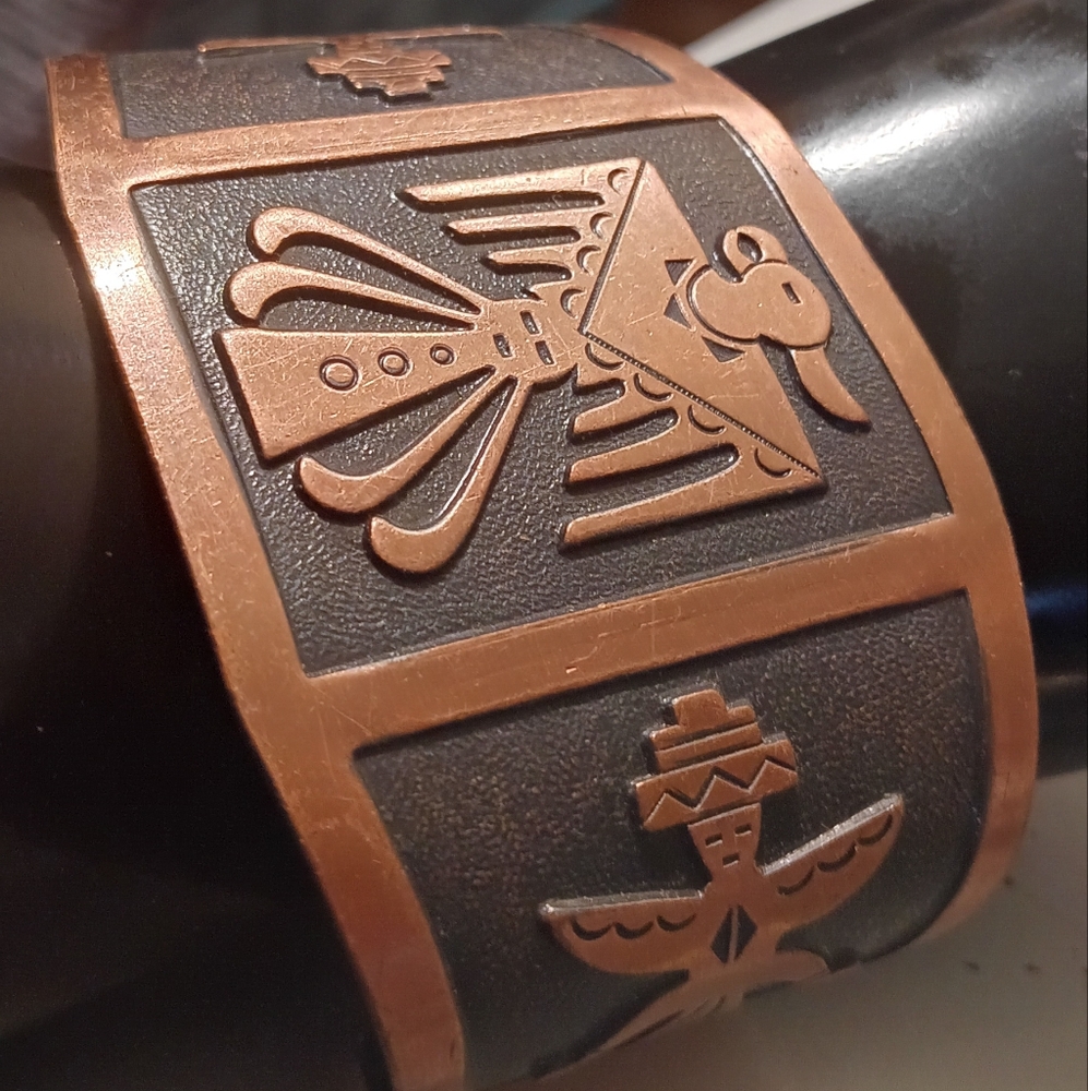 Black and Brown Jewelry Cuff with Textured Bird Design